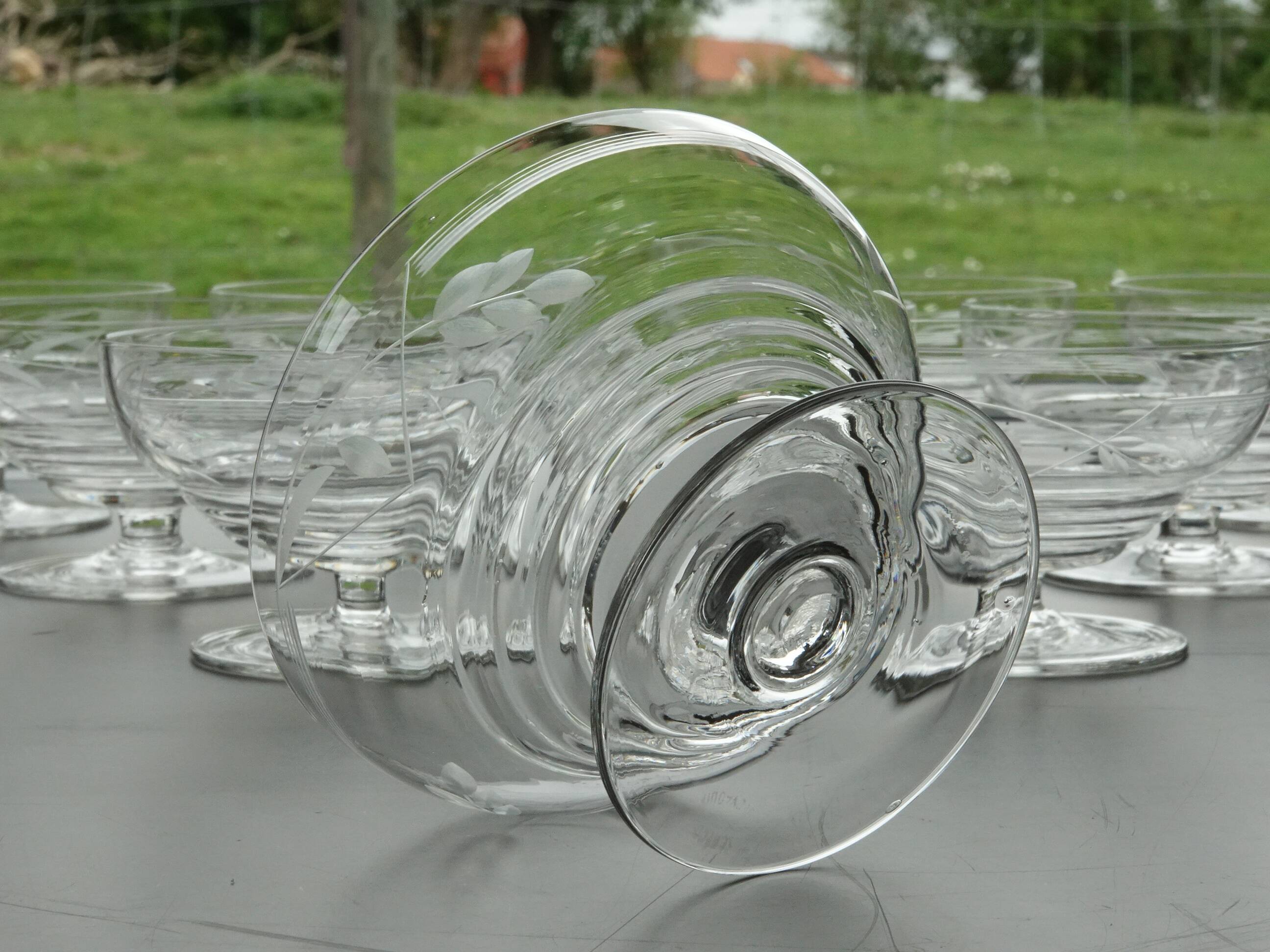 Set of 10 Art Deco crystal champagne glasses from Czechoslovakia