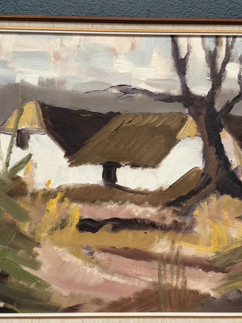 Original Swedish Oil on Canvas – "Farm" by Jörgen Bruun – Signed – Vintage and Framed – 41 × 31 cm (16.1" × 12.2")