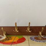 Vintage wooden wall coat rack with 4 double golden aluminum hooks