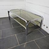 Chromed metal coffee table with smoked glass top from the 70s