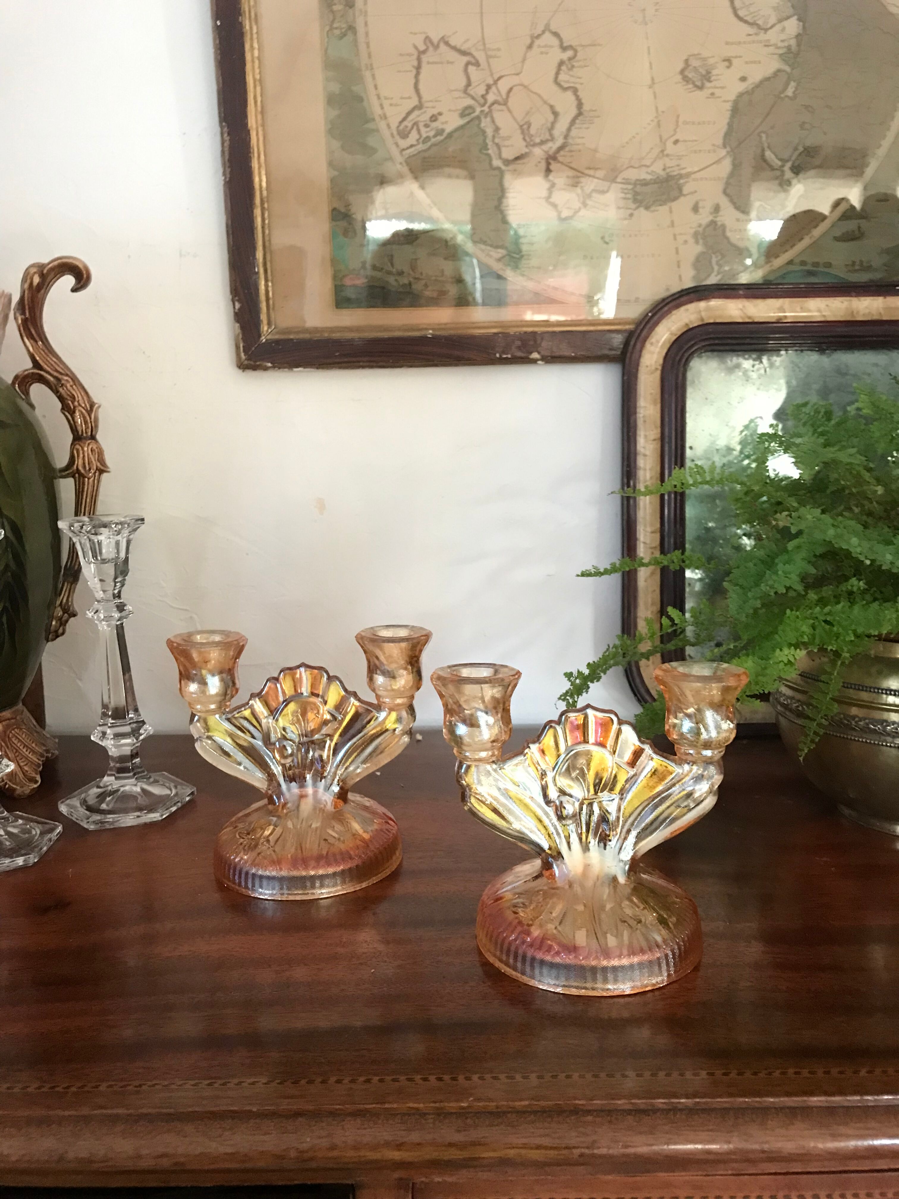 pair of Art Deco iridescent glass candle holders