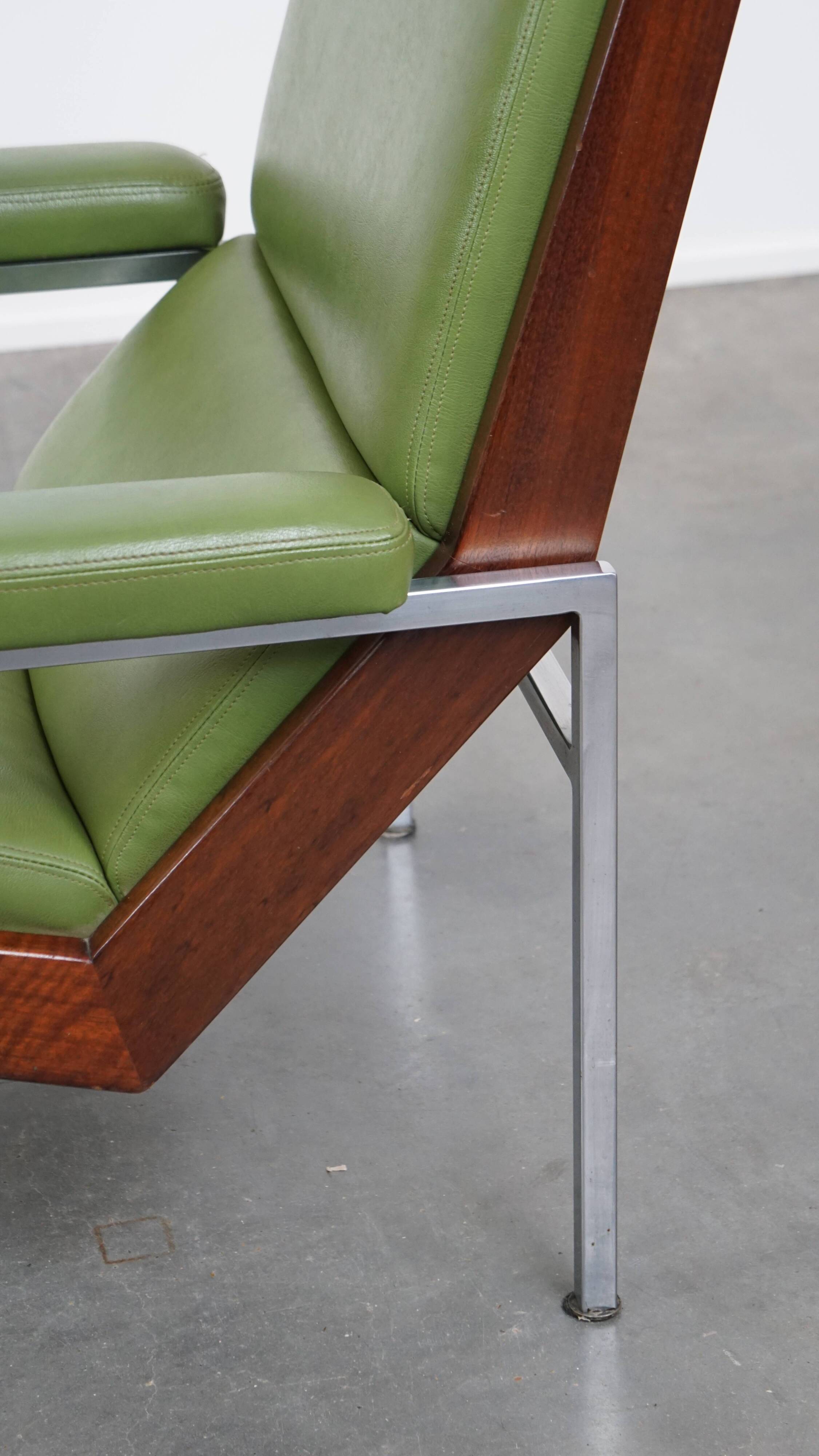 Green cowhide Leather and Wooden Vintage Armchair