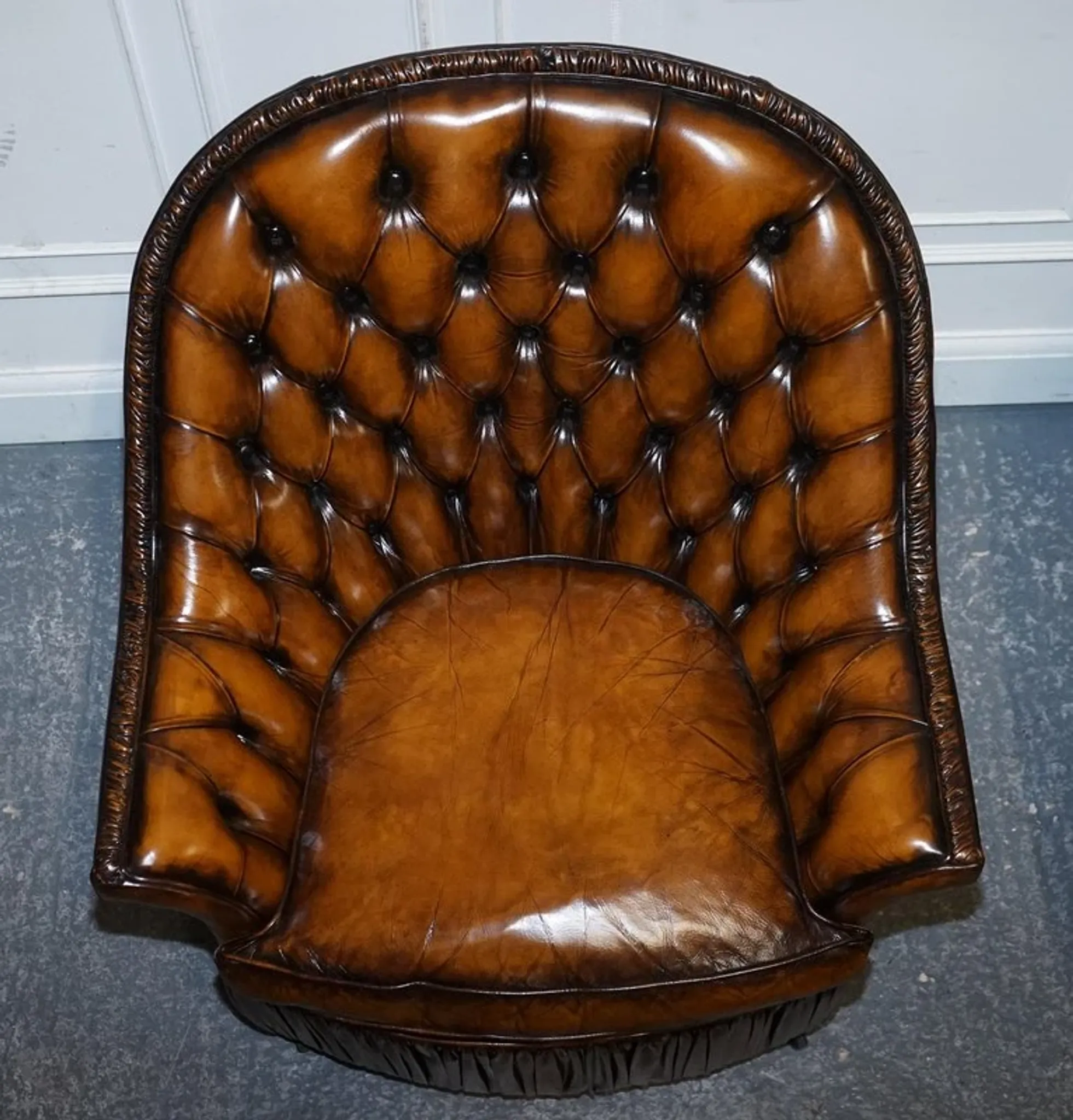 Brown Hand-Dyed Leather Chesterfield Armchairs with Pleated Front, Set of 2
