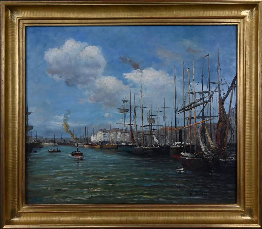 Painting "Harbour Scene", oil on canvas, signed F. Nicoli – 20th century