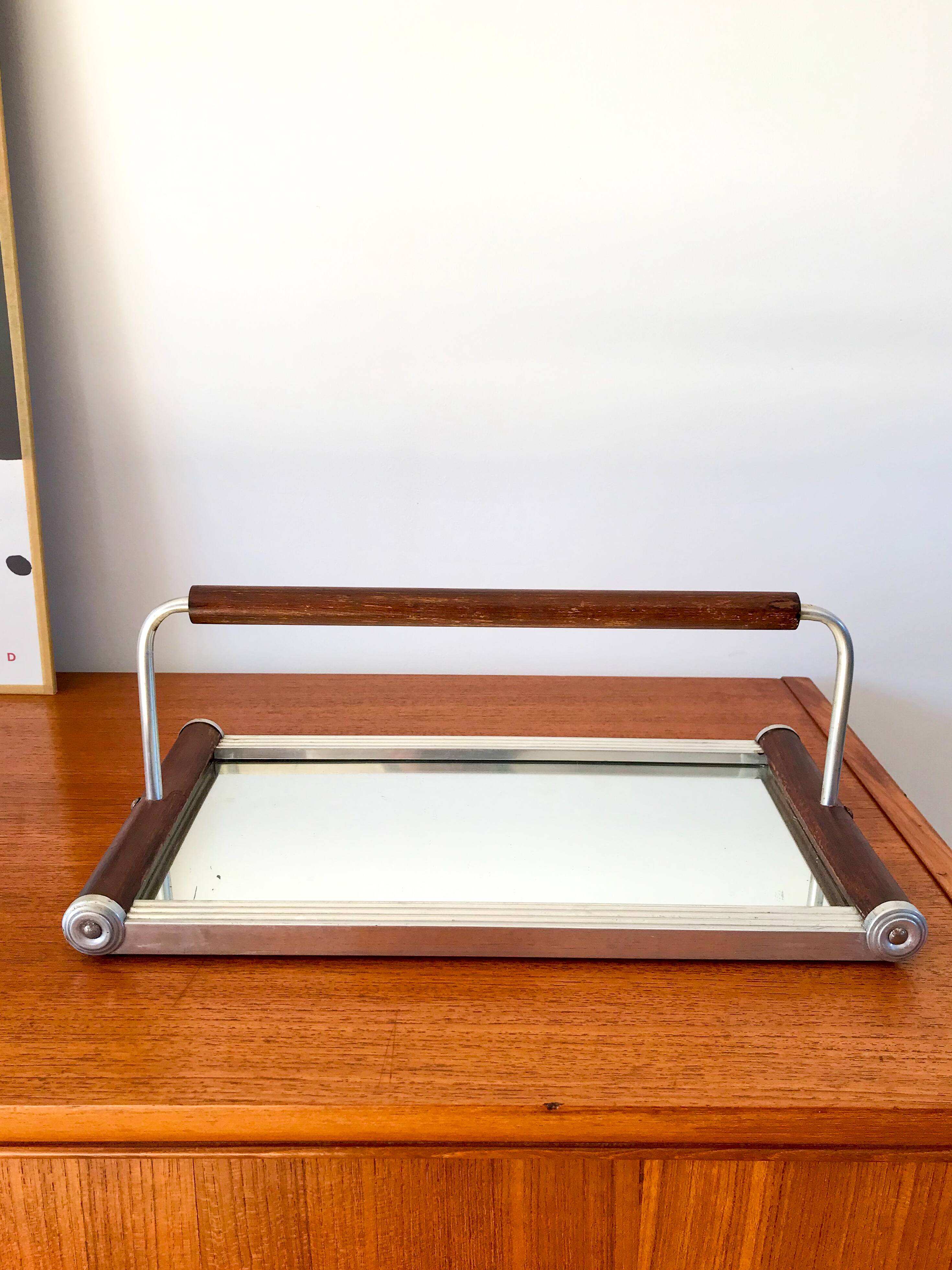 art deco wood and metal mirror tray with handle 1930s