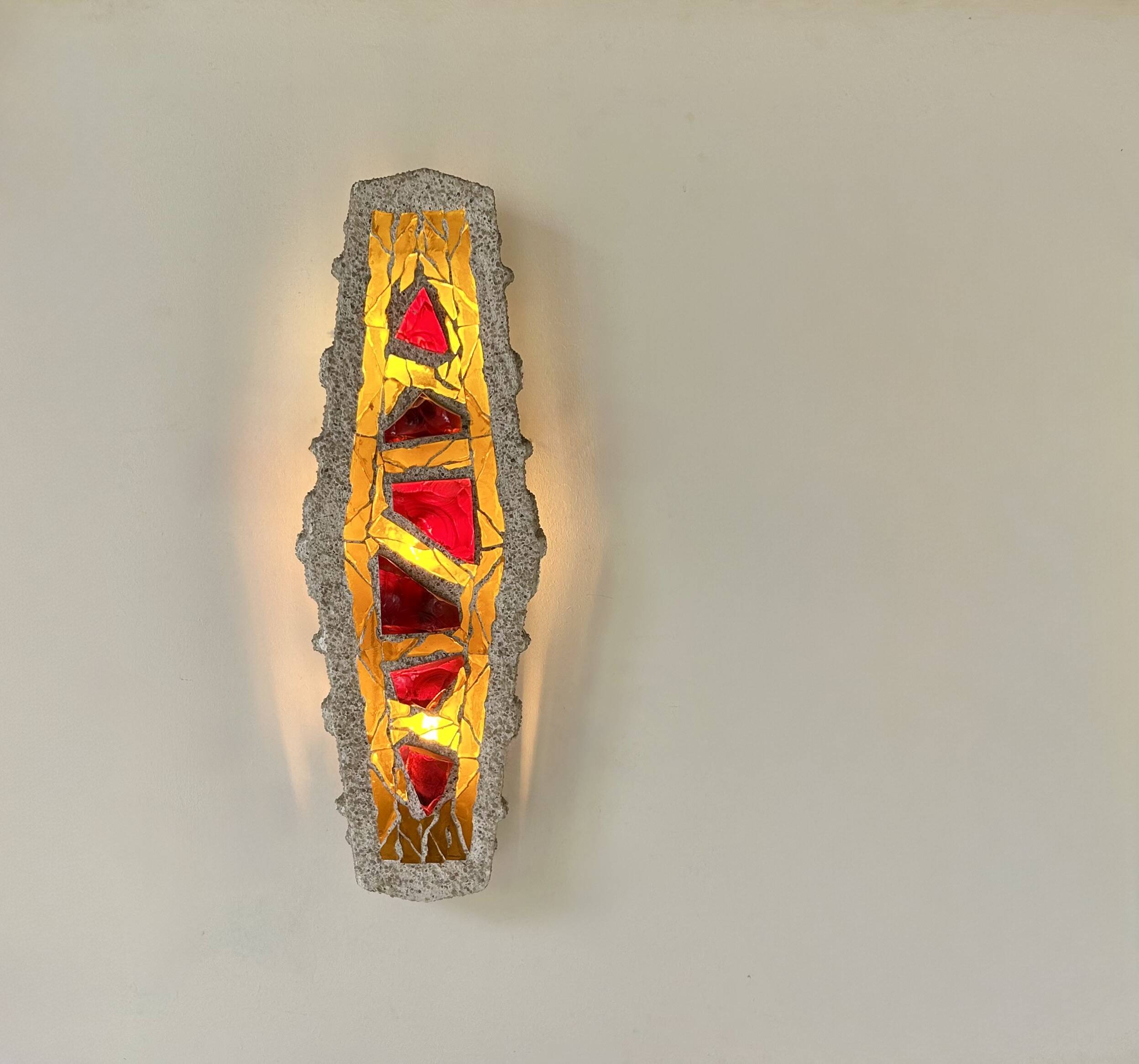 Vintage XL "stained glass" wall sconce in cement and glass, Sweden 1950