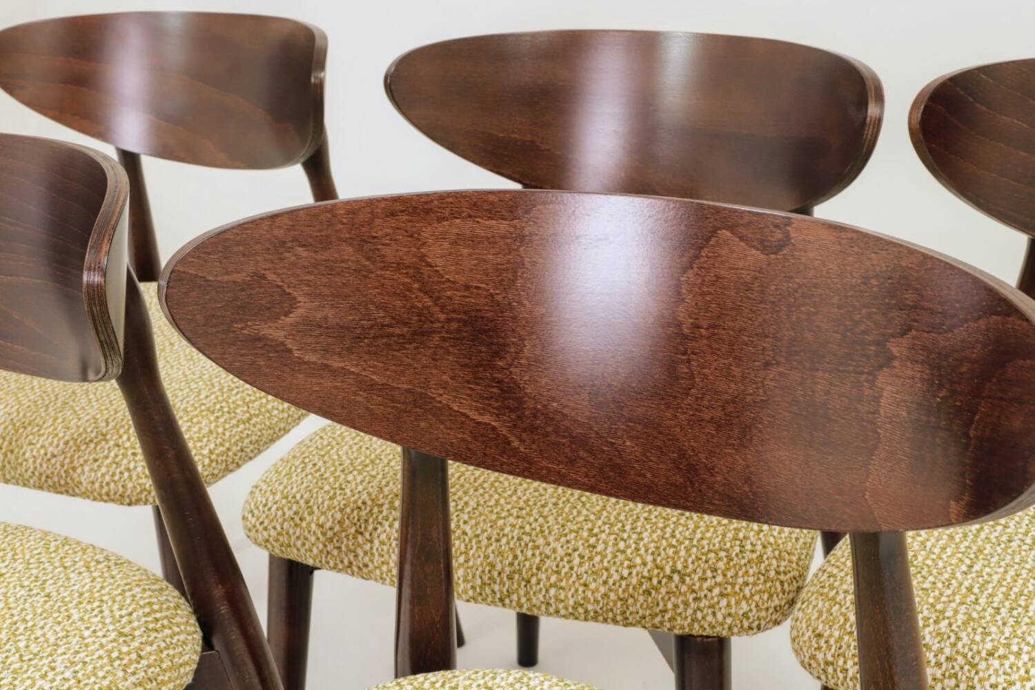 Set of 6 Dining Chairs, Light Beech Wood, Green Pattern  Fabric