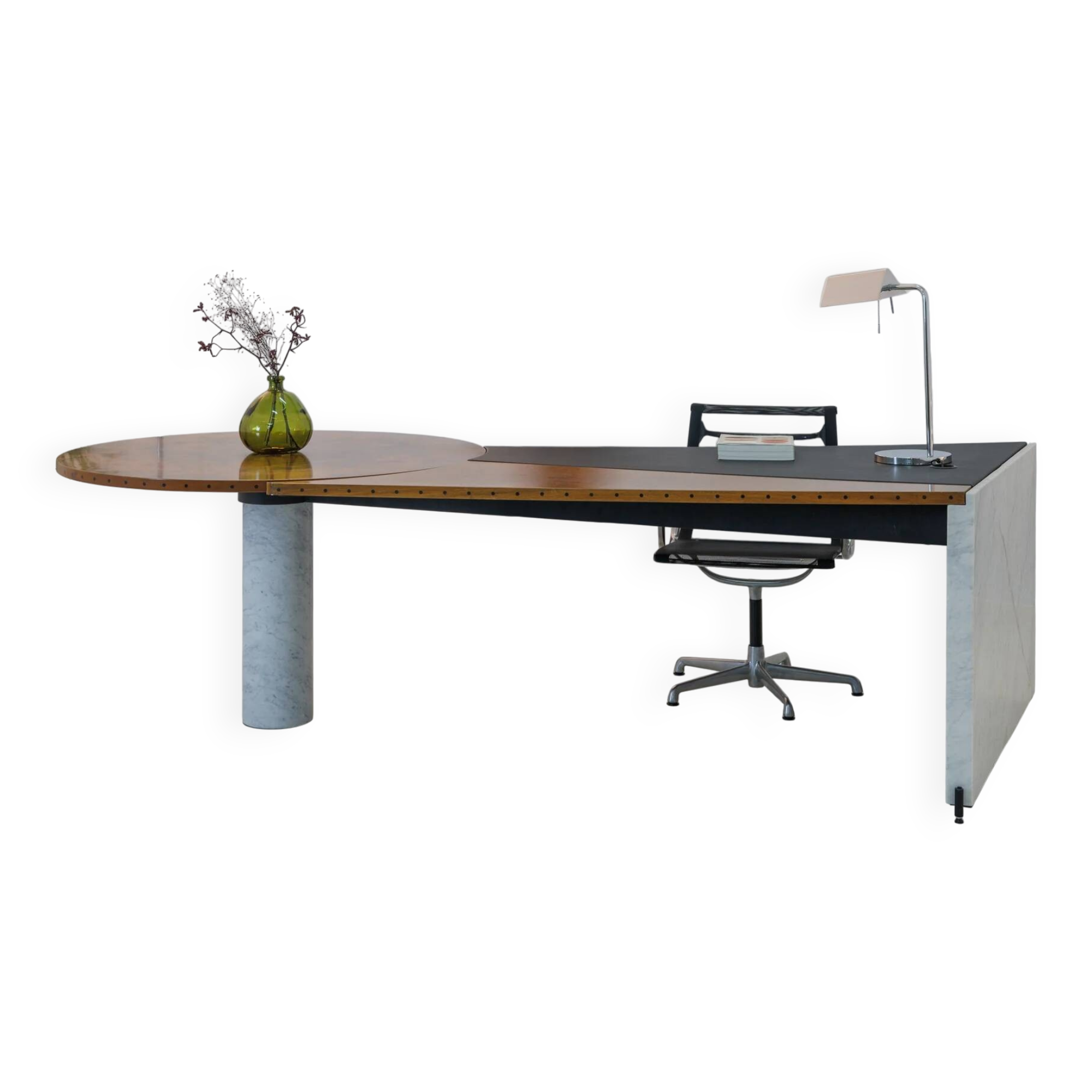Unique desk Carrara marble & burl wood - Italy, 1980s