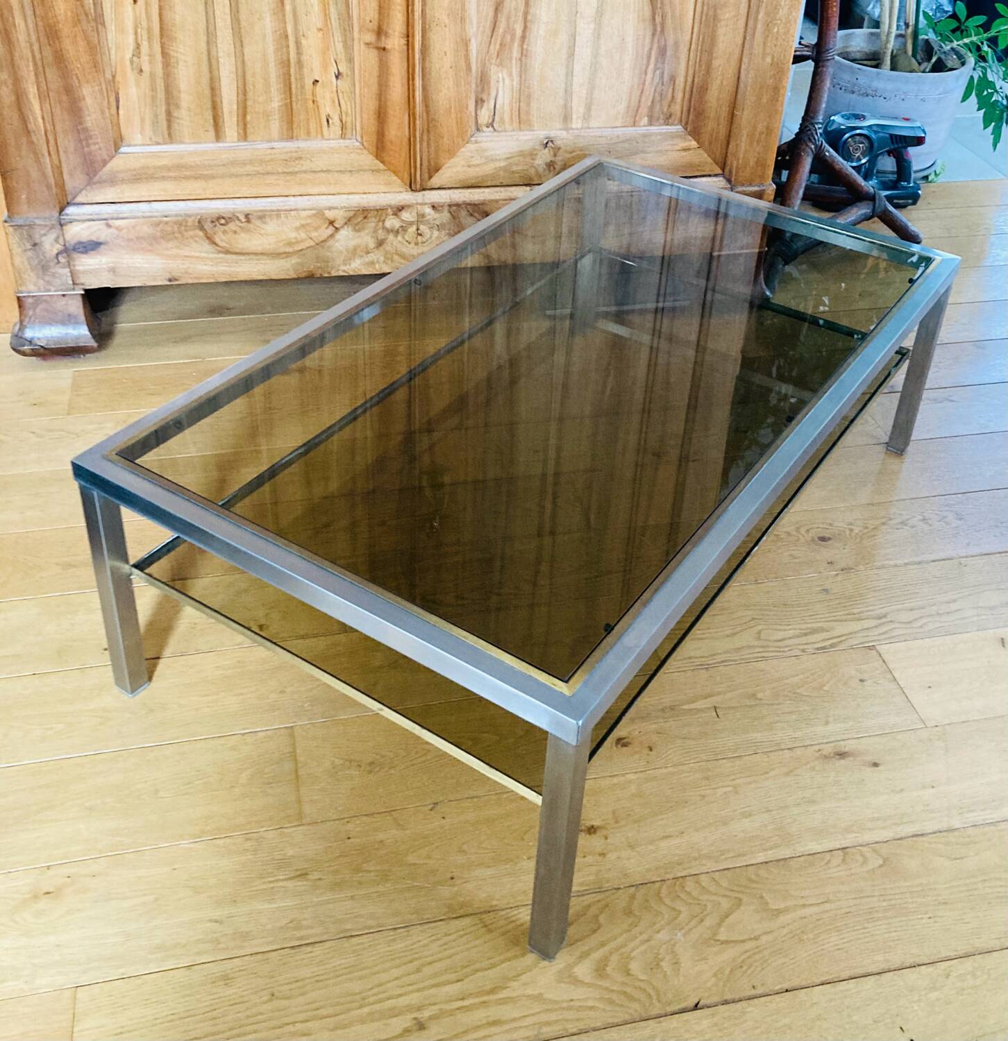 1970s coffee table in brushed metal, brass and smoked glass by Willy R