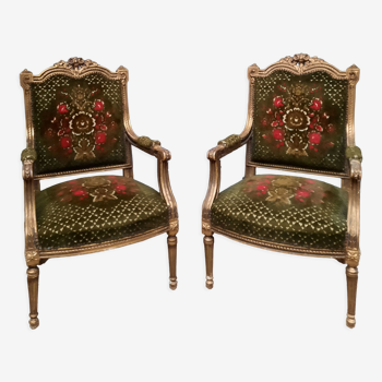 Pair of armchairs in gilded wood Louis XVI style