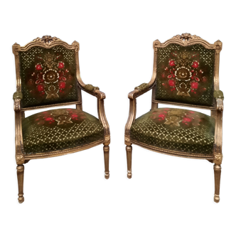 Pair of armchairs in gilded wood Louis XVI style