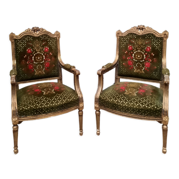 Pair of armchairs in gilded wood Louis XVI style