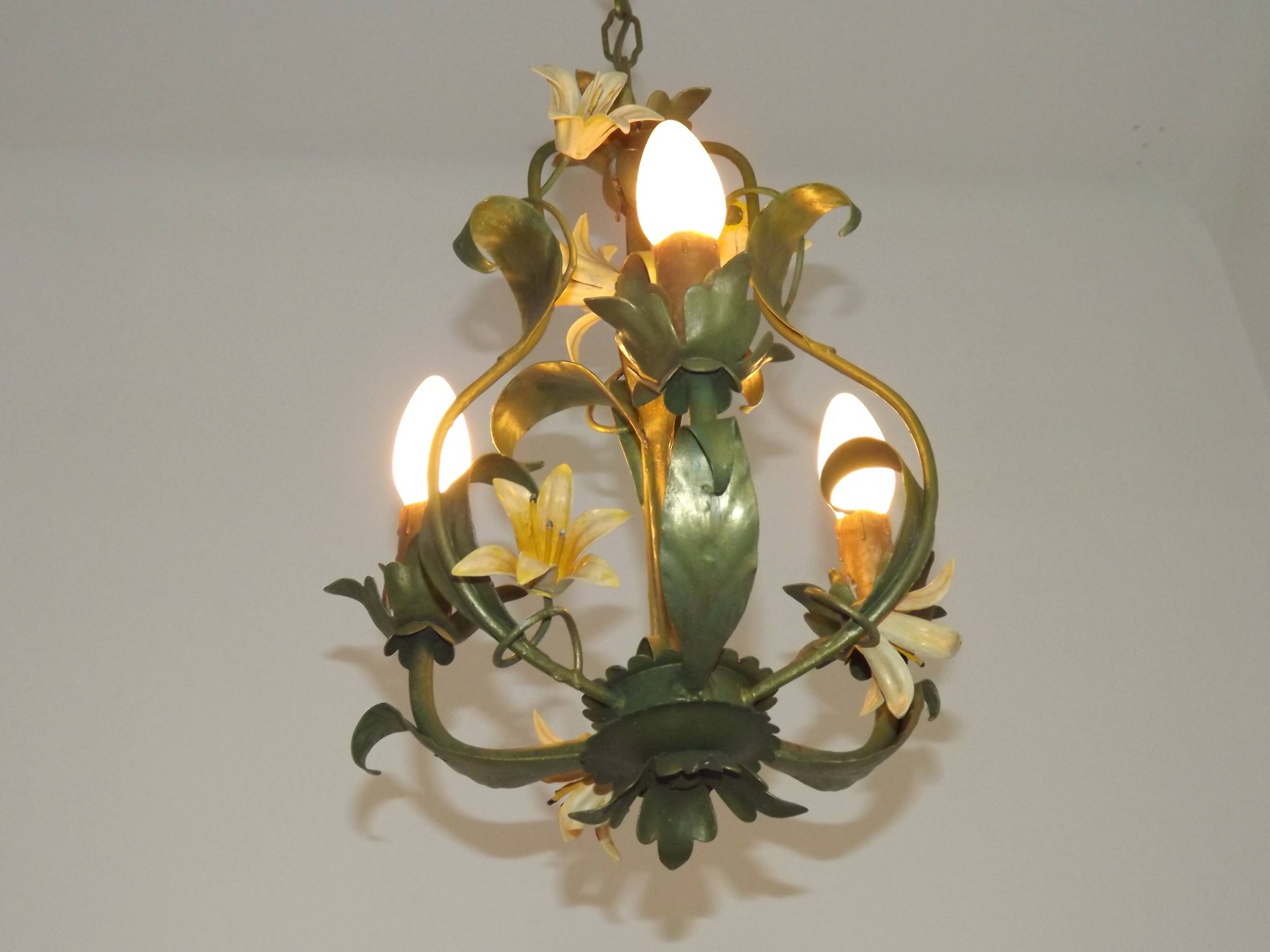 French Vintage 3 Light Cage Chandelier Hand Painted Floral Design