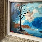 Chiaroscuro landscape painting signed ROLL, oil on cardboard, framed
