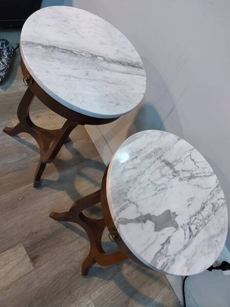 Pair of Empire style side tables, wood and marble.