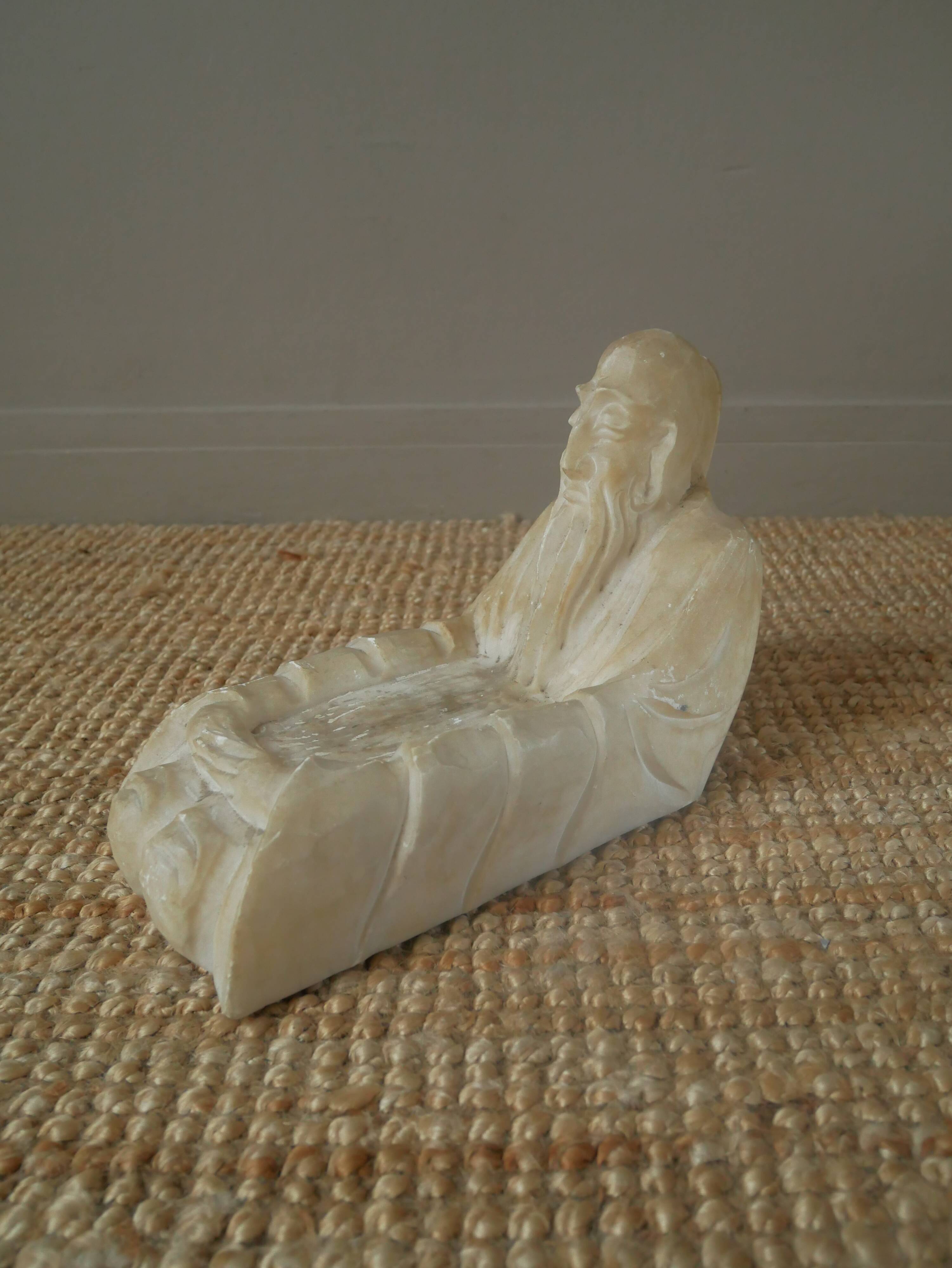 Alabaster sculpture empty pocket Asian decoration object handcrafted countryside seated man
