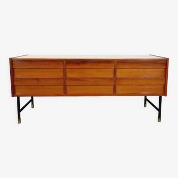 Vintage modernist row in teak and black metal from the 60s