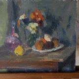 Old painting, oil on wood, still life with wine decanter, fruit cup and bouquet of flowers