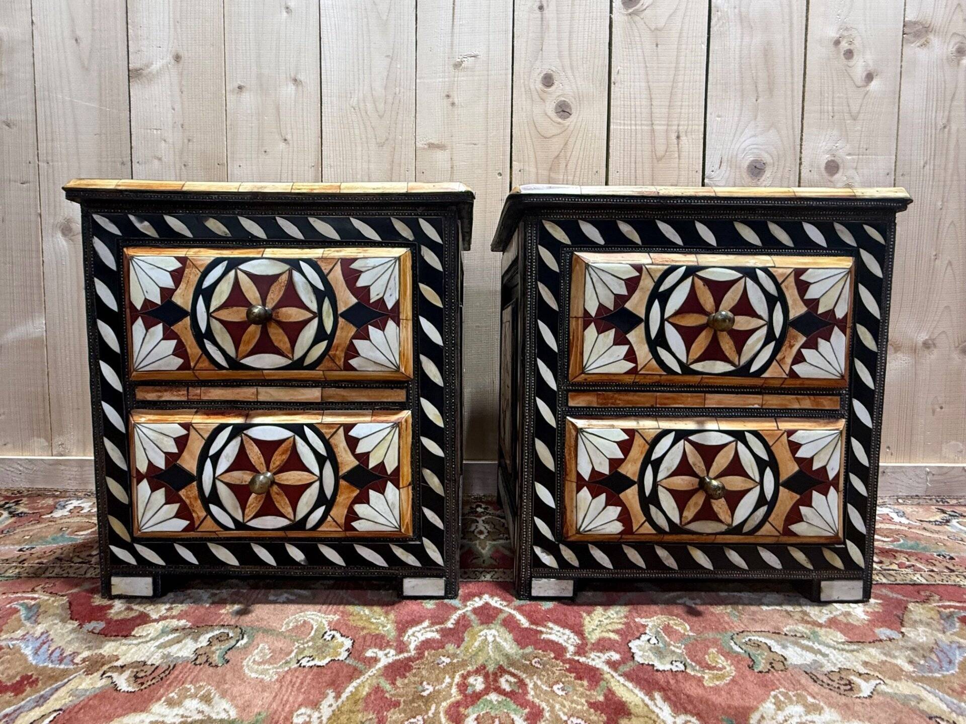 Pair of oriental bedside tables with inlays