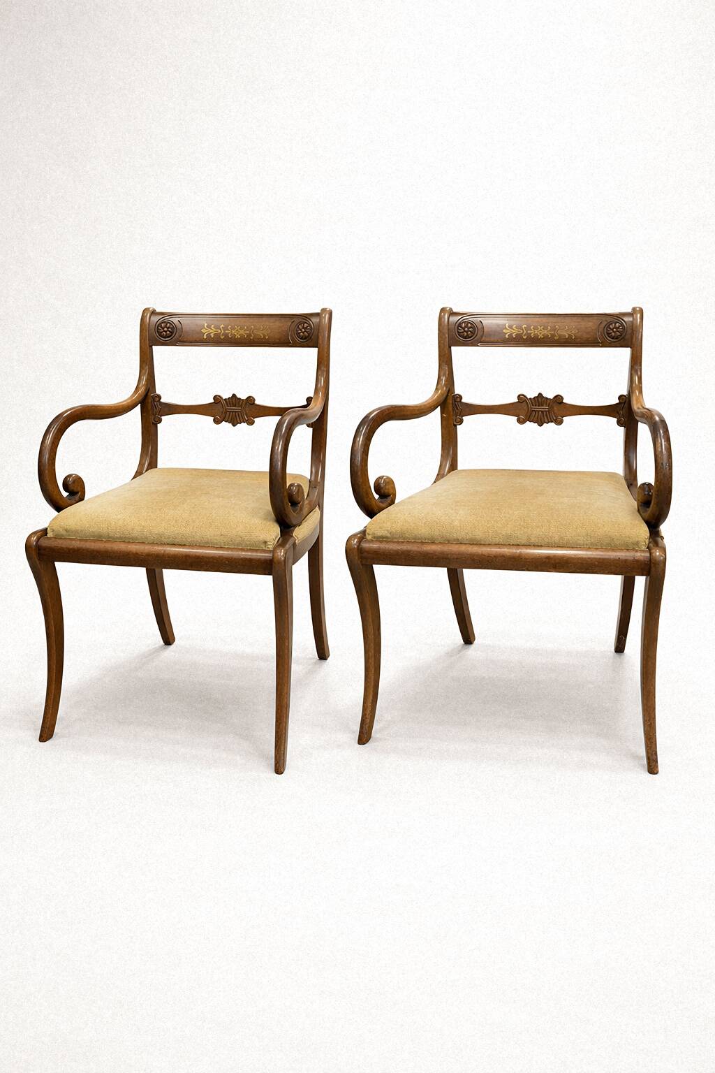2 Antique Brass Dining Chairs with Inlaid Backs