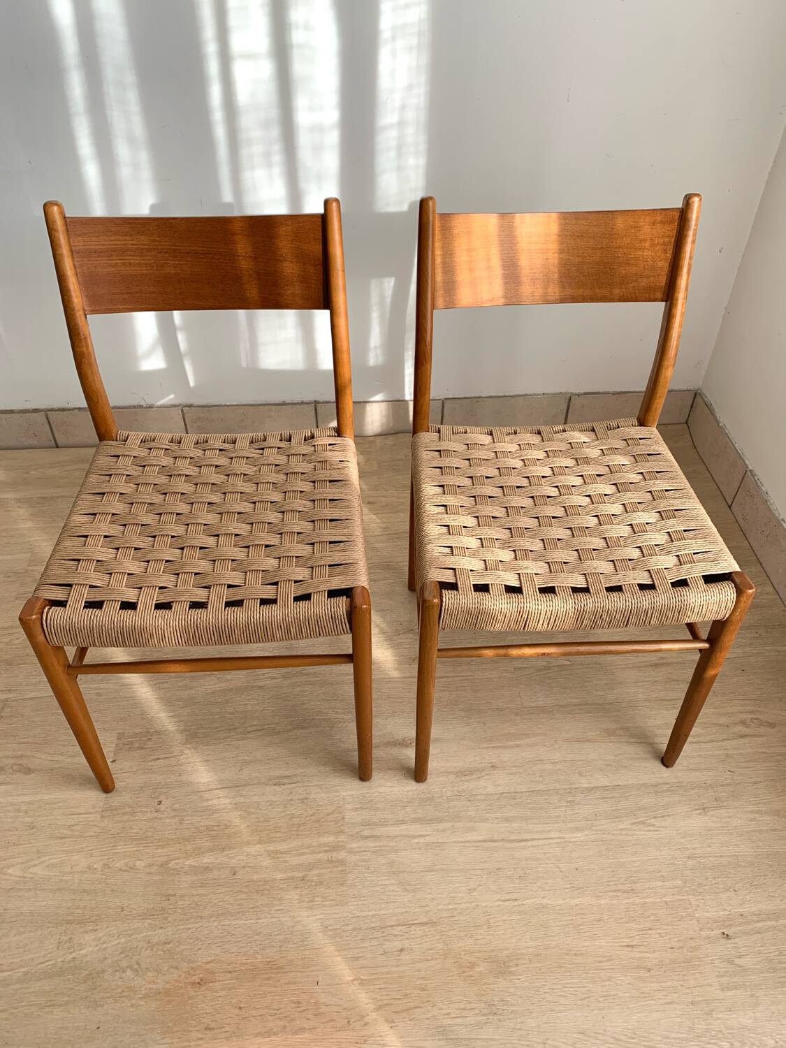 Pair of Scandinavian teak and rope chairs