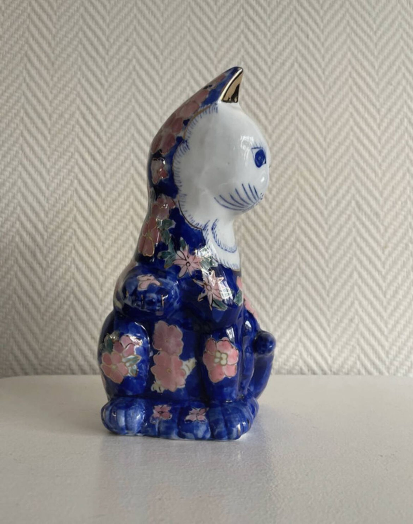Large Vintage Chinese Blue and Pink Floral Ceramic Cat