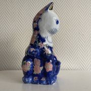 Large Vintage Chinese Blue and Pink Floral Ceramic Cat