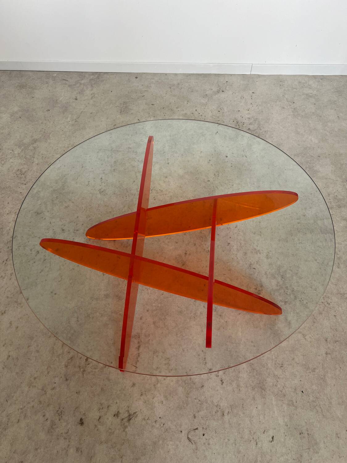 Geometric coffee table glass and orange plexi design 70s Space vintage age