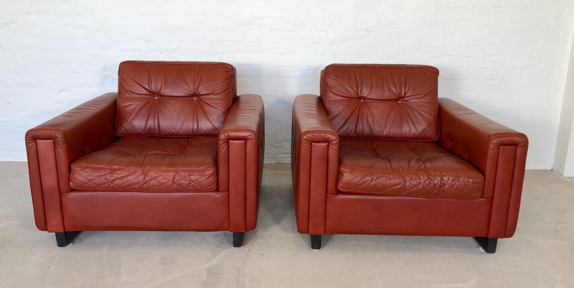 Vintage danish mid century cognac leather lounge chairs 1970,s