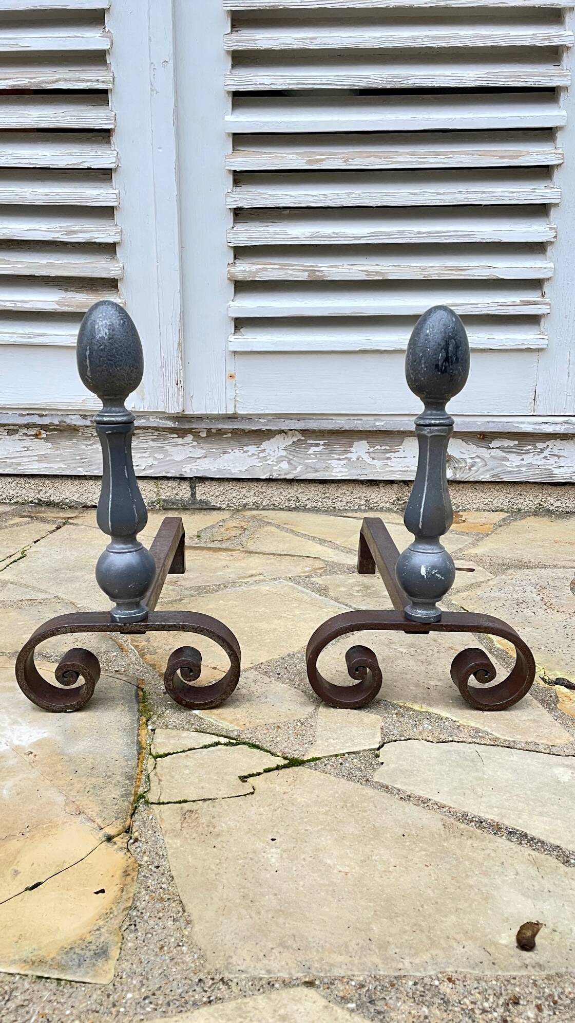 Pair of vintage geometric fire dogs