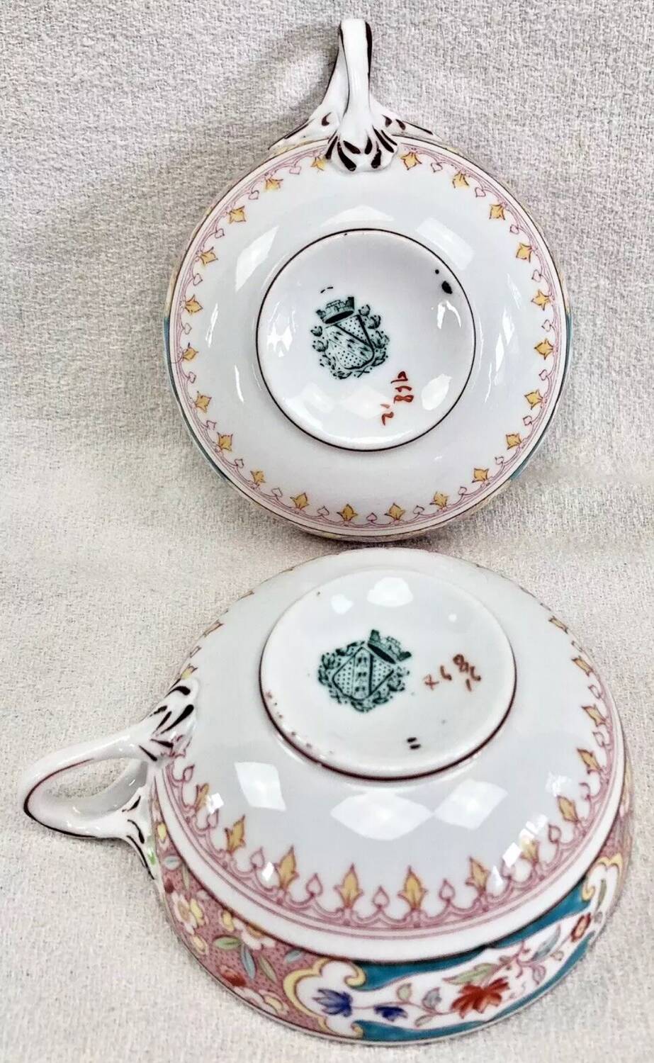 2 old Sarreguemines Minton porcelain tea cups + saucers