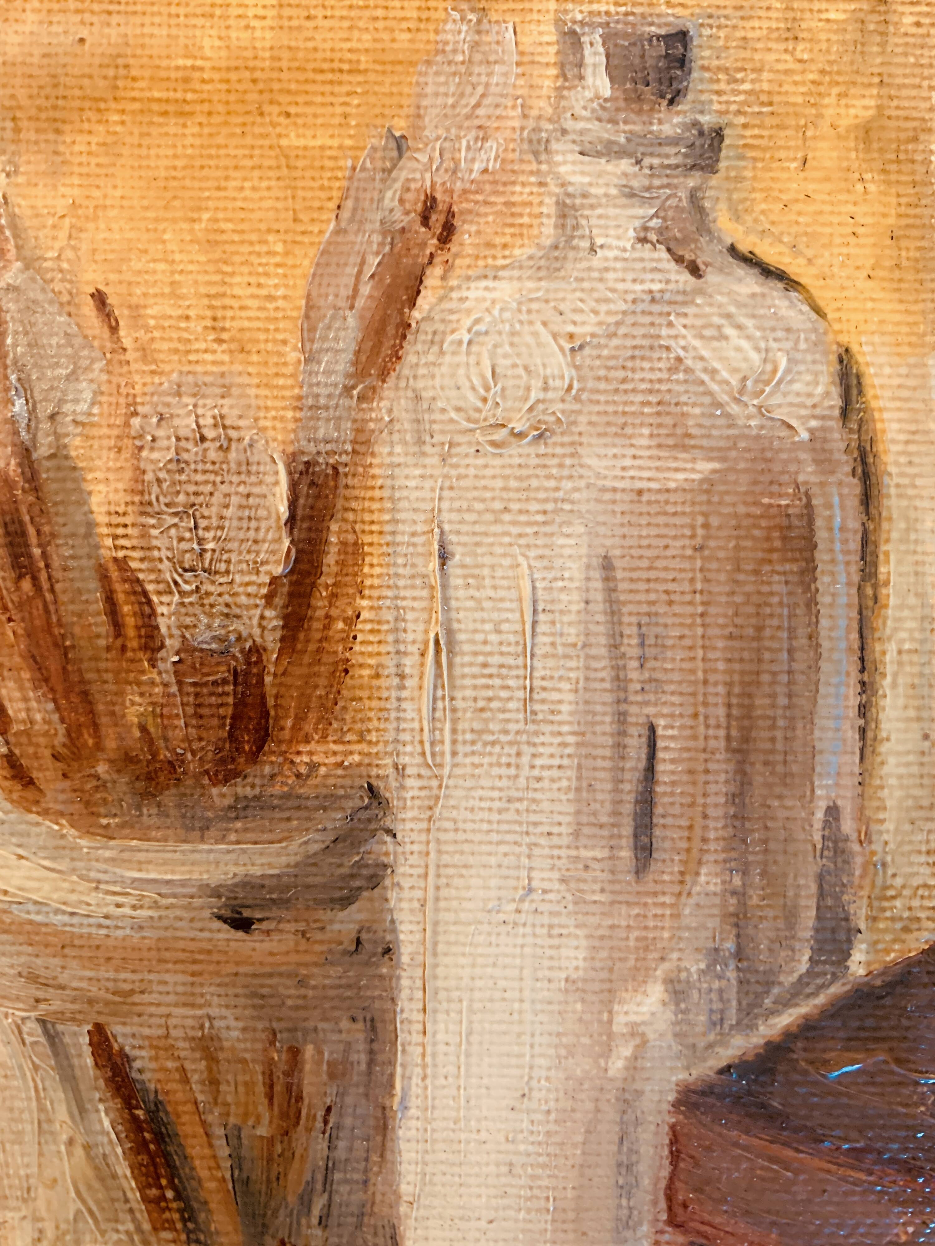 Small signed painting, oil on cardboard canvas, still life "studio"