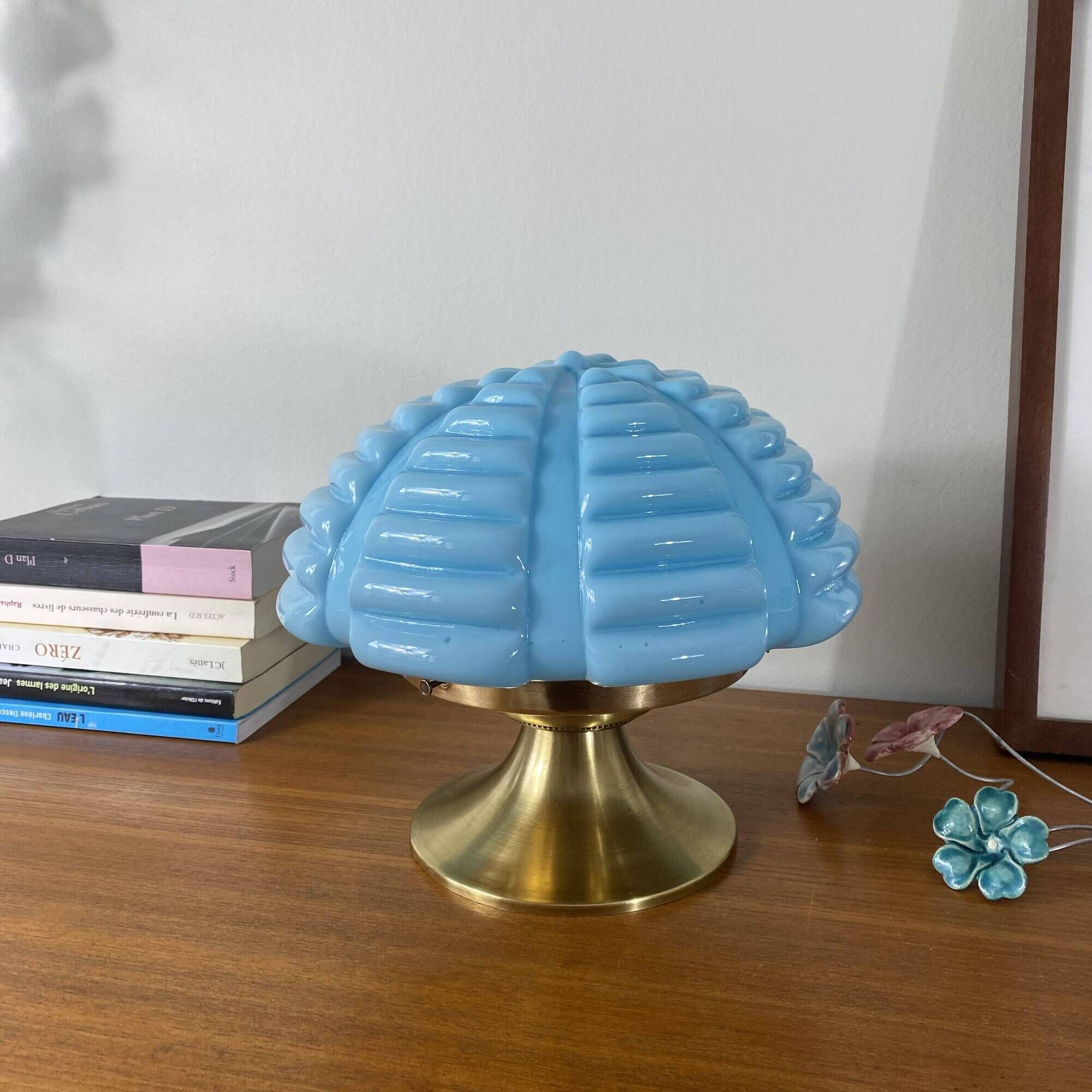 Vintage Art Deco modernist lamp with blue opaline glass and brass.