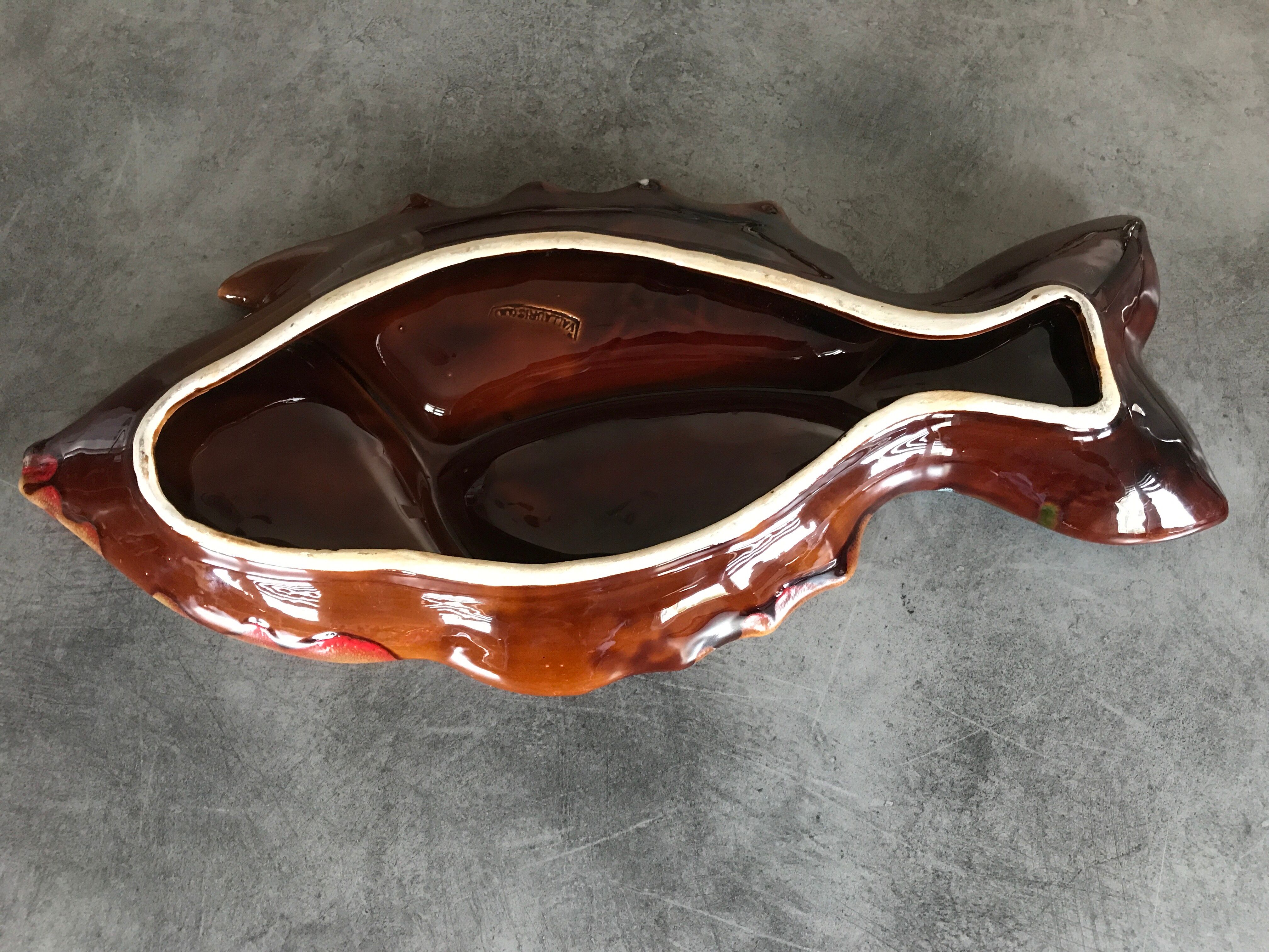 Vallauris compartmentalized dish fish shape polychrome ceramic 47 cm
