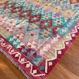 Afghan kilim rug colored red pink blue yellow diamond handmade wool