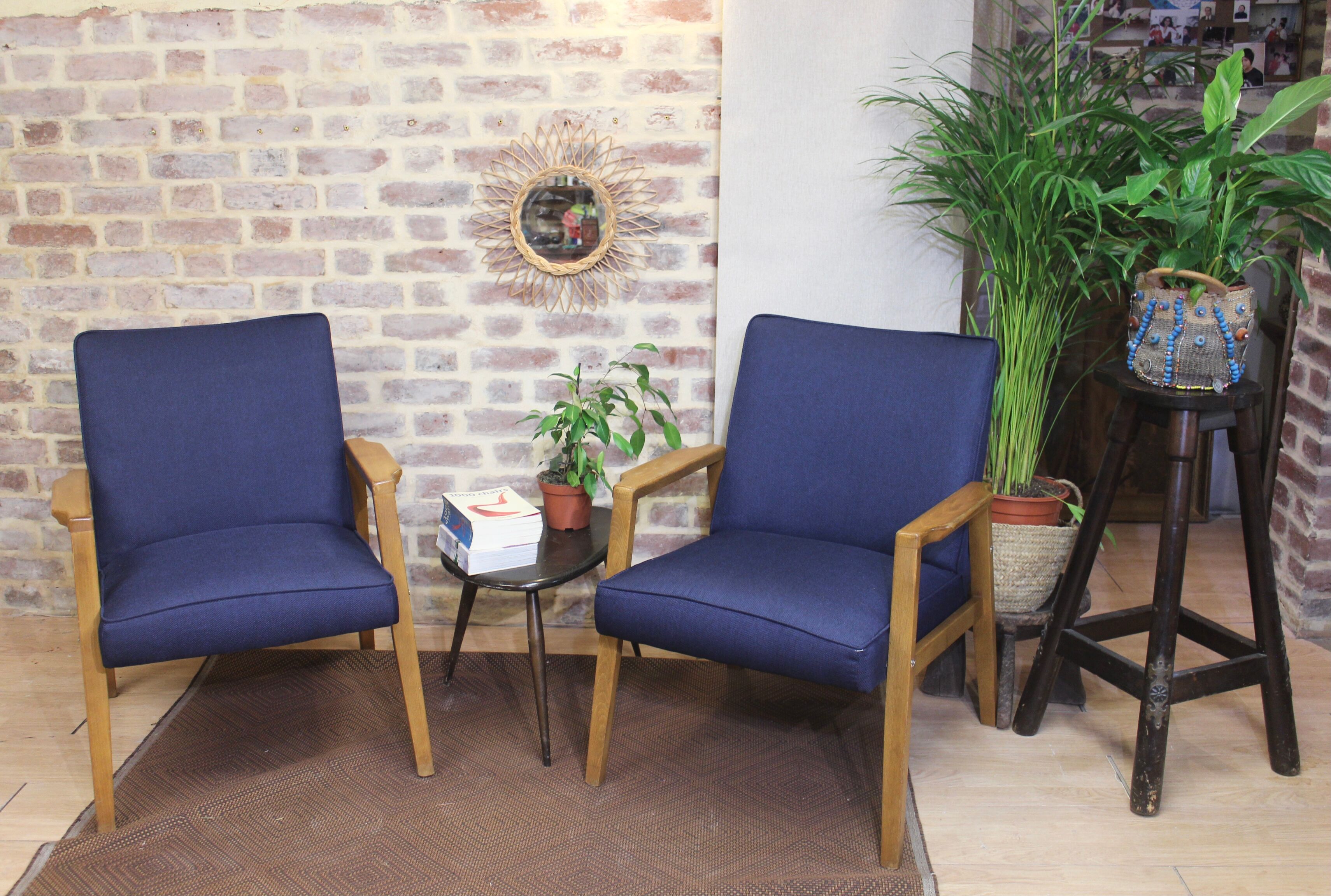 Pair of Scandinavian armchairs 60s restored deep blue gloved fabric.