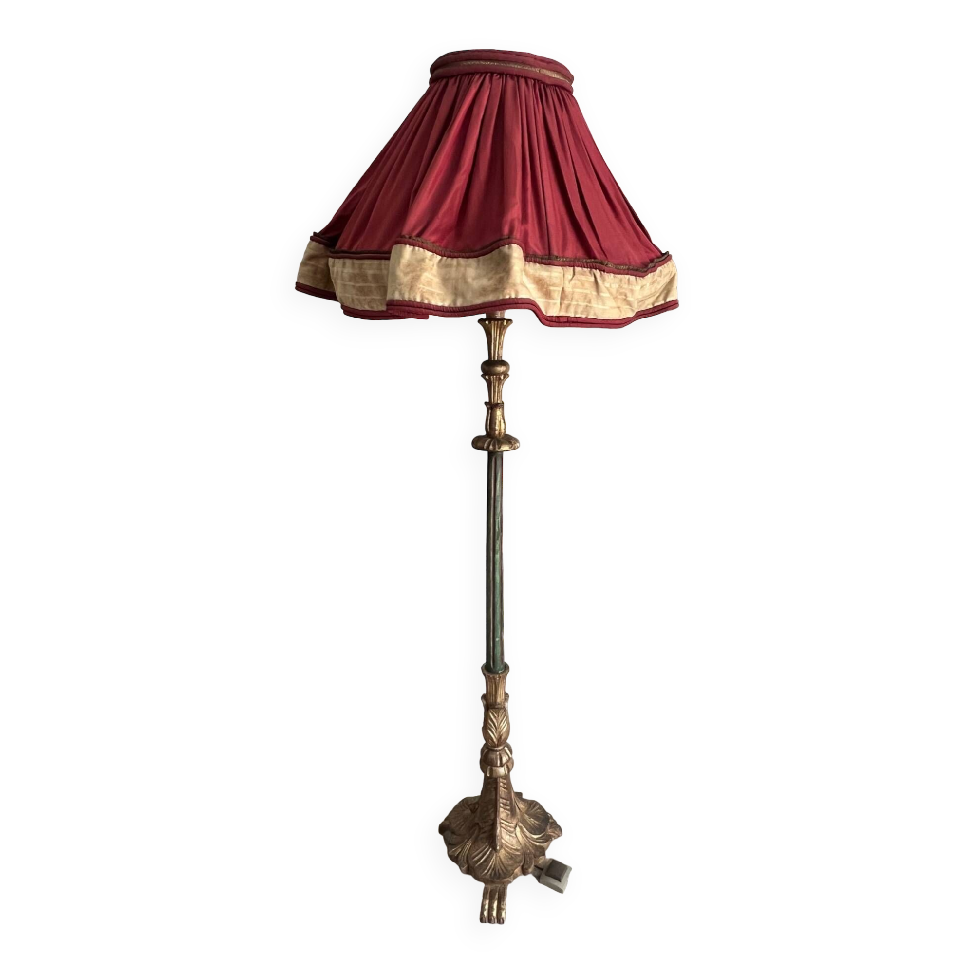 Late 19th century Art Nouveau wooden and gilded stucco floor lamp with fabric lampshade