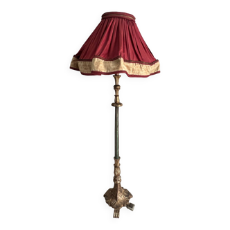 Late 19th century Art Nouveau wooden and gilded stucco floor lamp with fabric lampshade