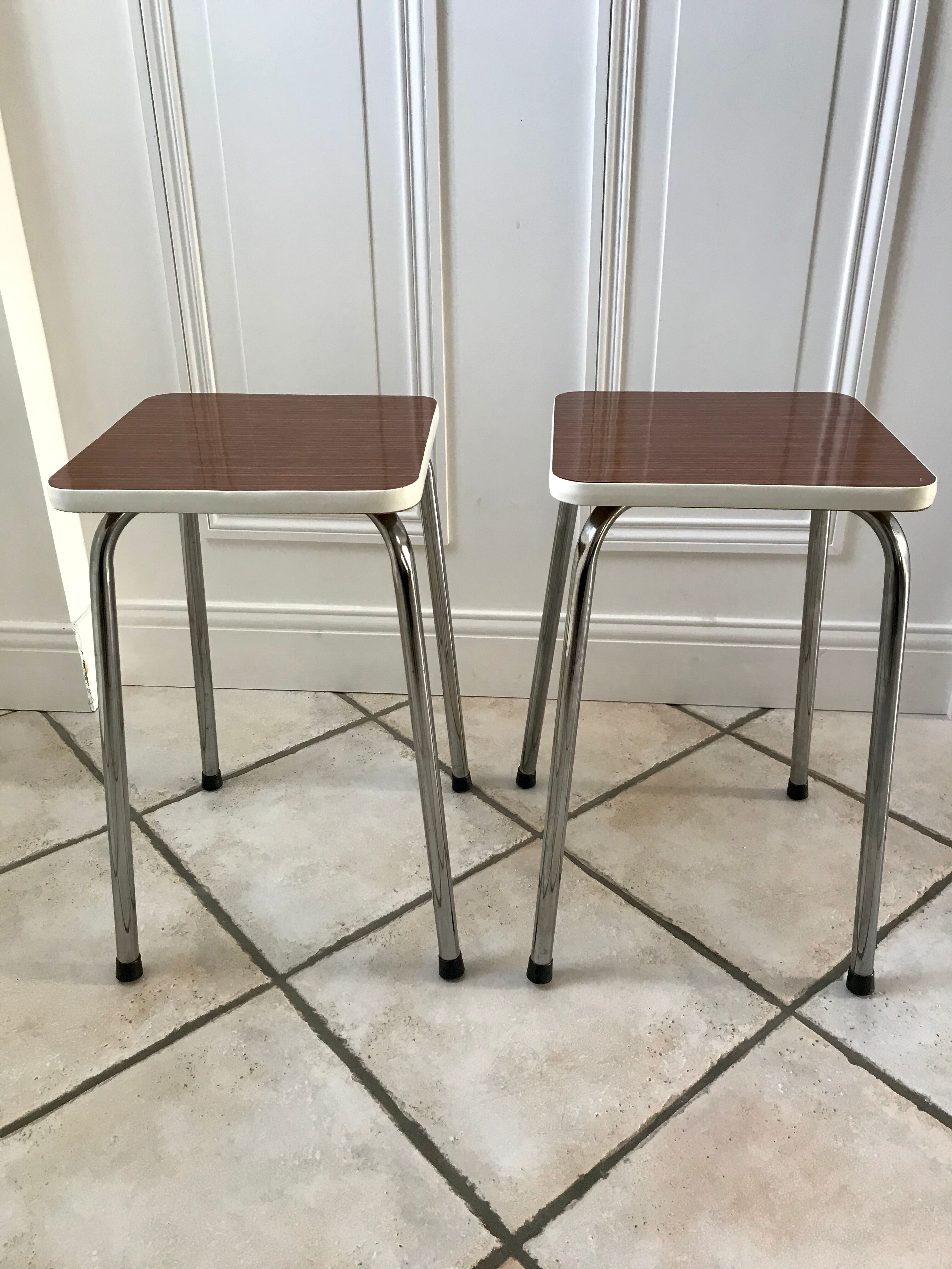 Pair of formica stools brown style veneer and white 70s