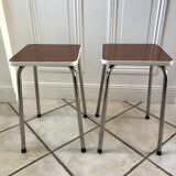 Pair of formica stools brown style veneer and white 70s