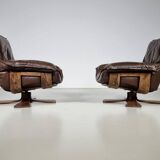 2 Leather and Oak Swivel Armchairs by Carl Straub, 1960s