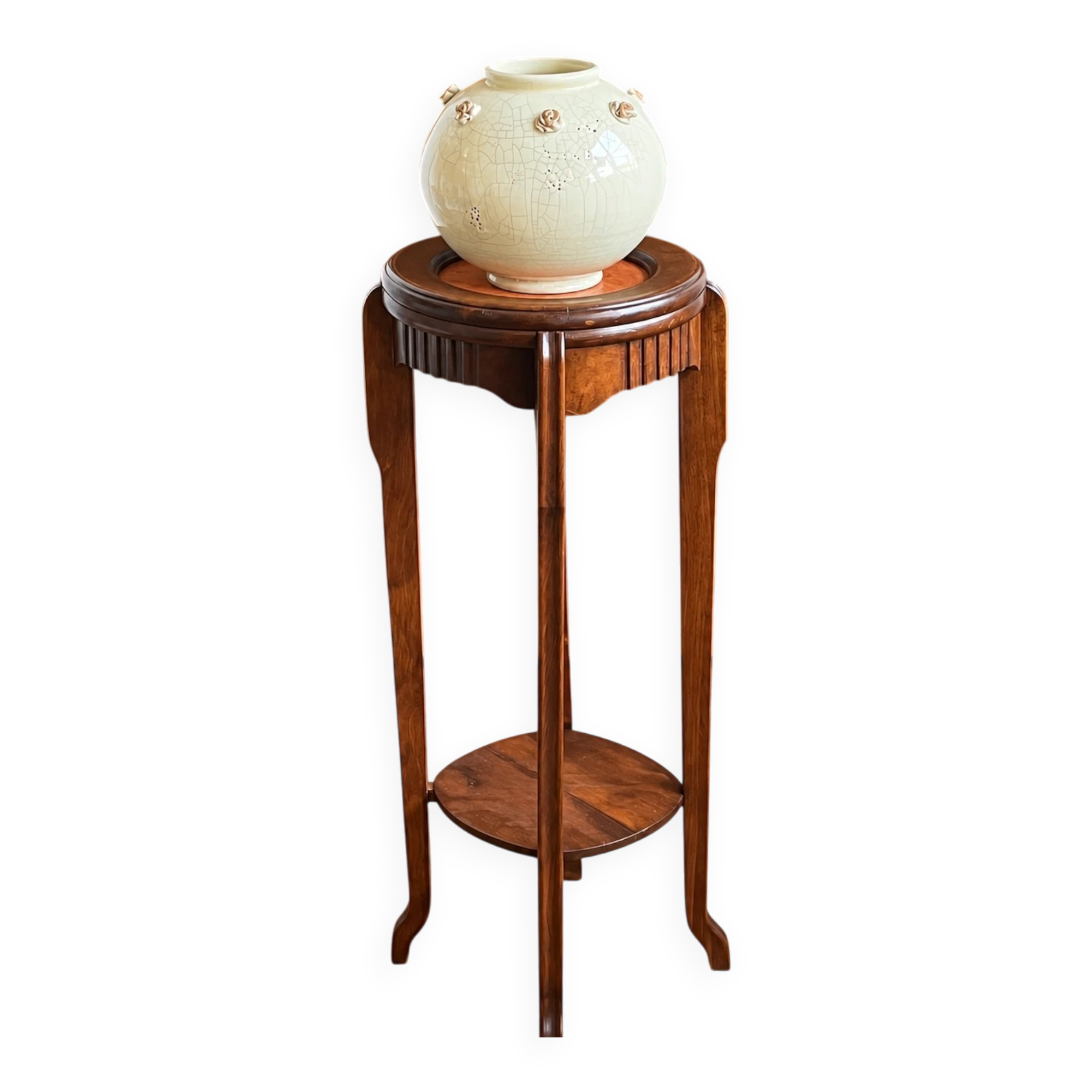 Art Deco wood stand French planter with stone plaque