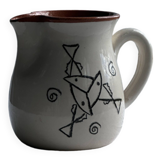 Small handmade white and ocher earthenware pitcher Sifnos Apostolidis Hand Made