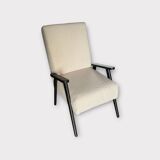 Scandinavian style armchair with vintage compass feet in terry fabric and wood