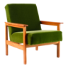 Fauteuil vintage vert, velours, bois massif, années 60 / 70