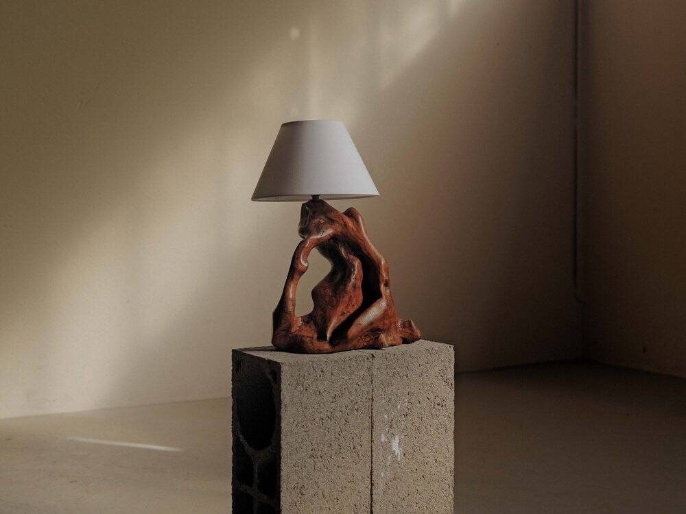 Sculptural lamp made of olive wood, around 1960.