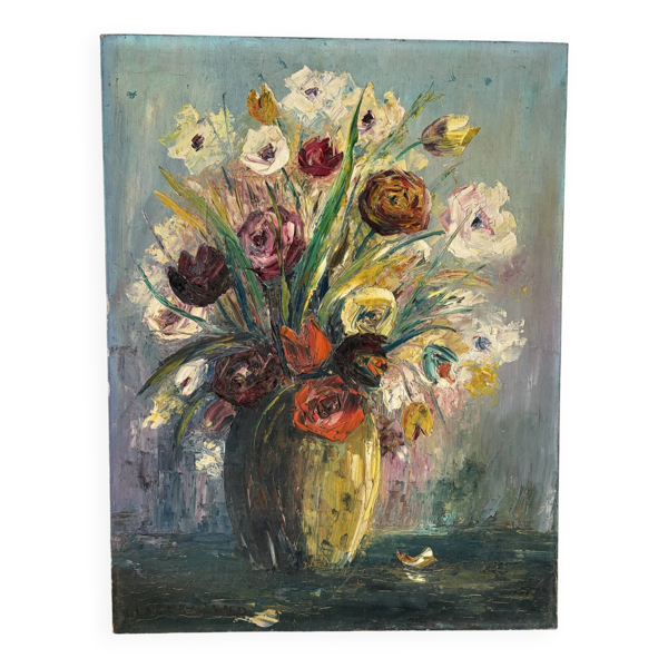 Bouquet, huile au couteau, signée Lallemand