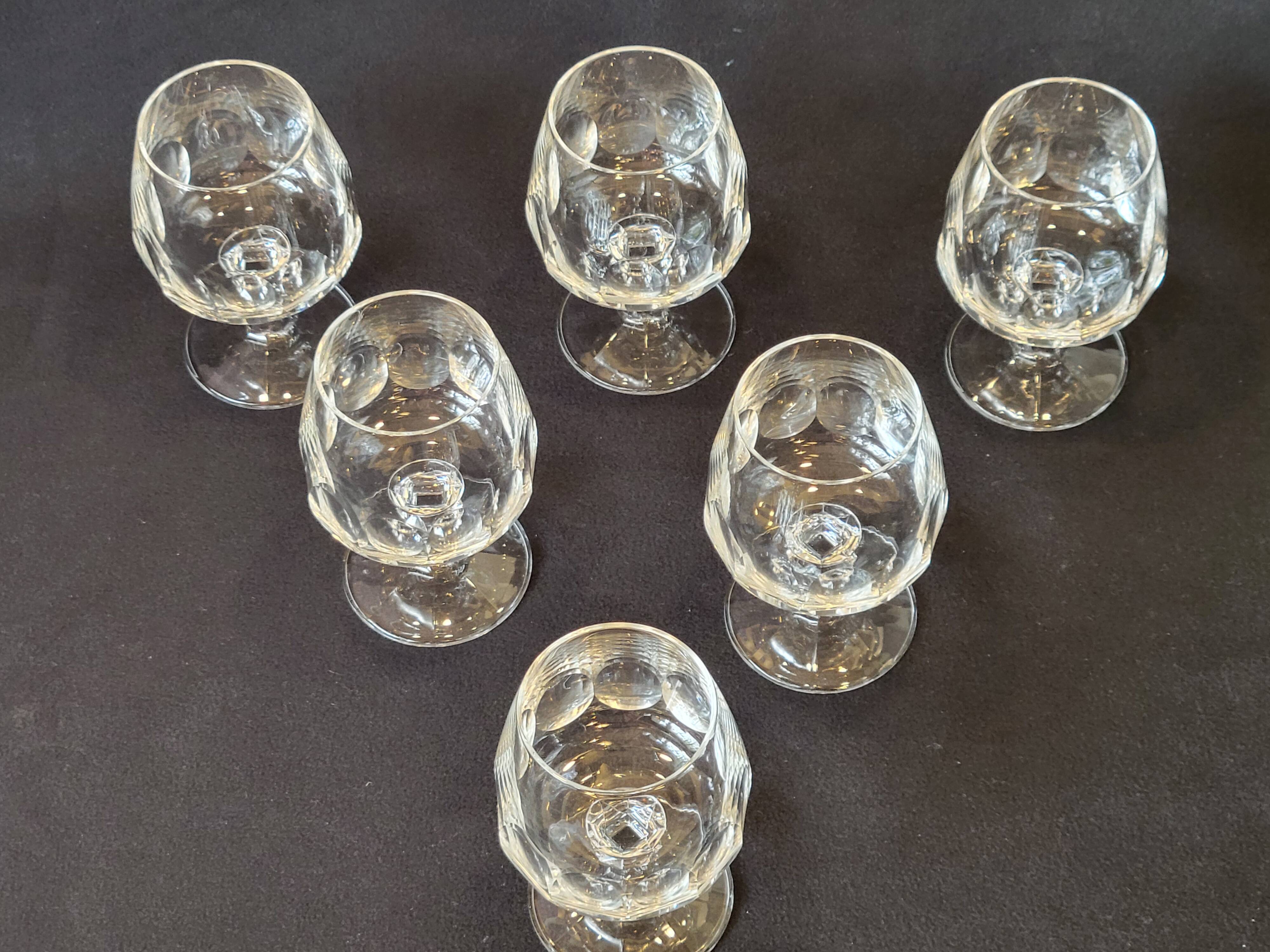 6 cognac glasses in flat cut crystal