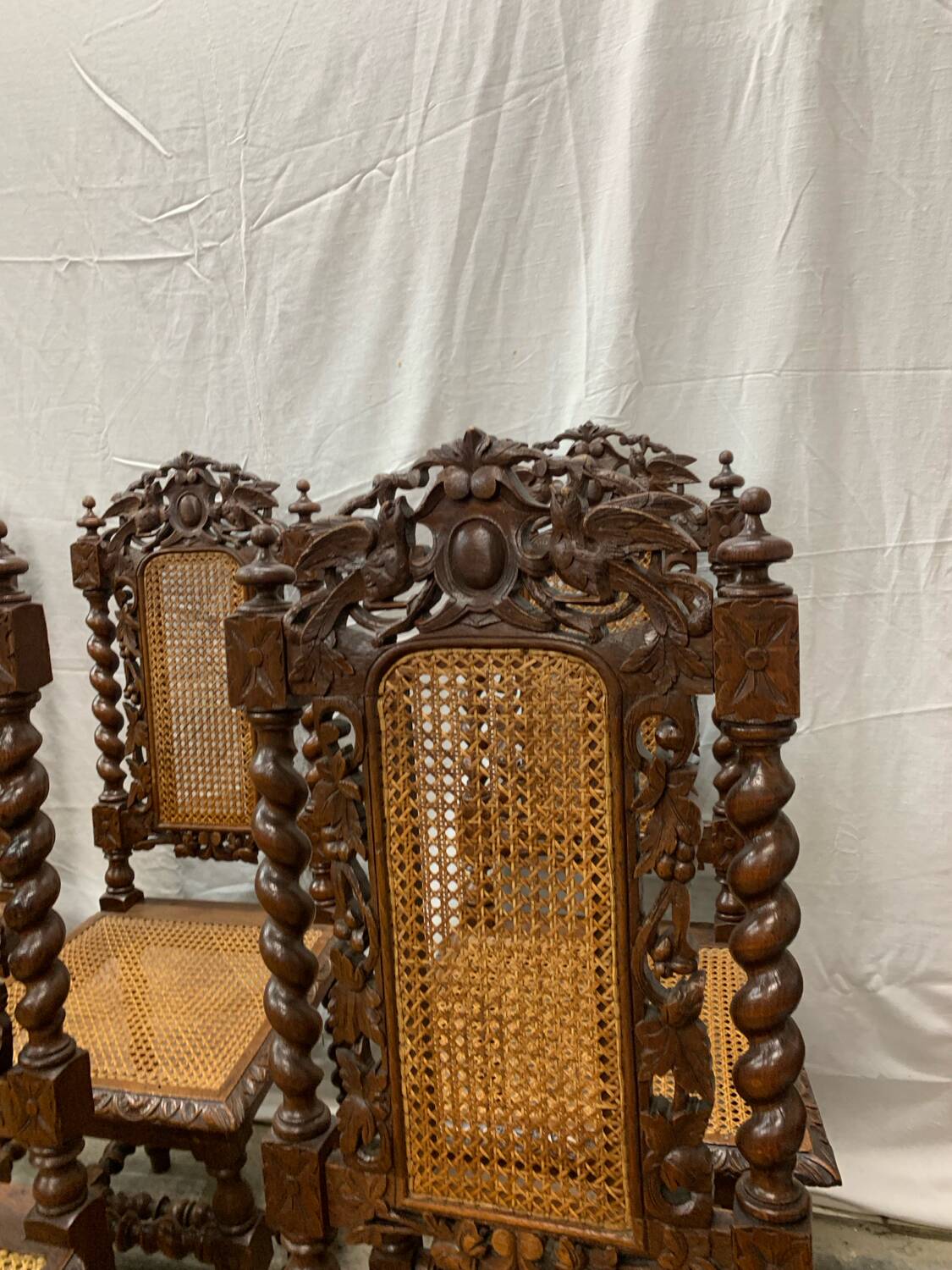 6 antique Henry II caned chairs