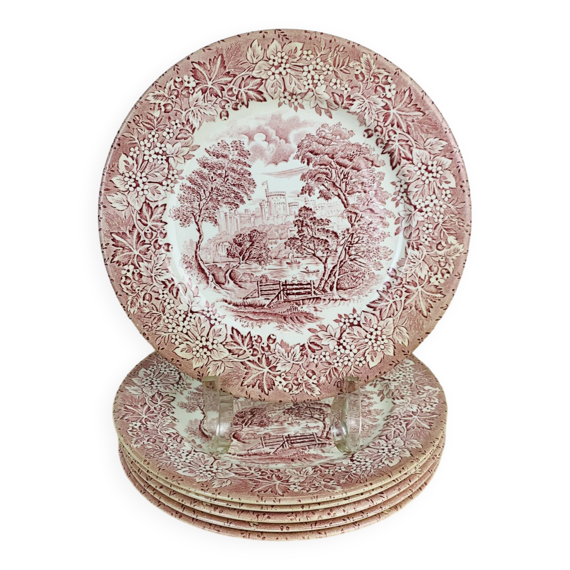 6 red ironstone English flat plates